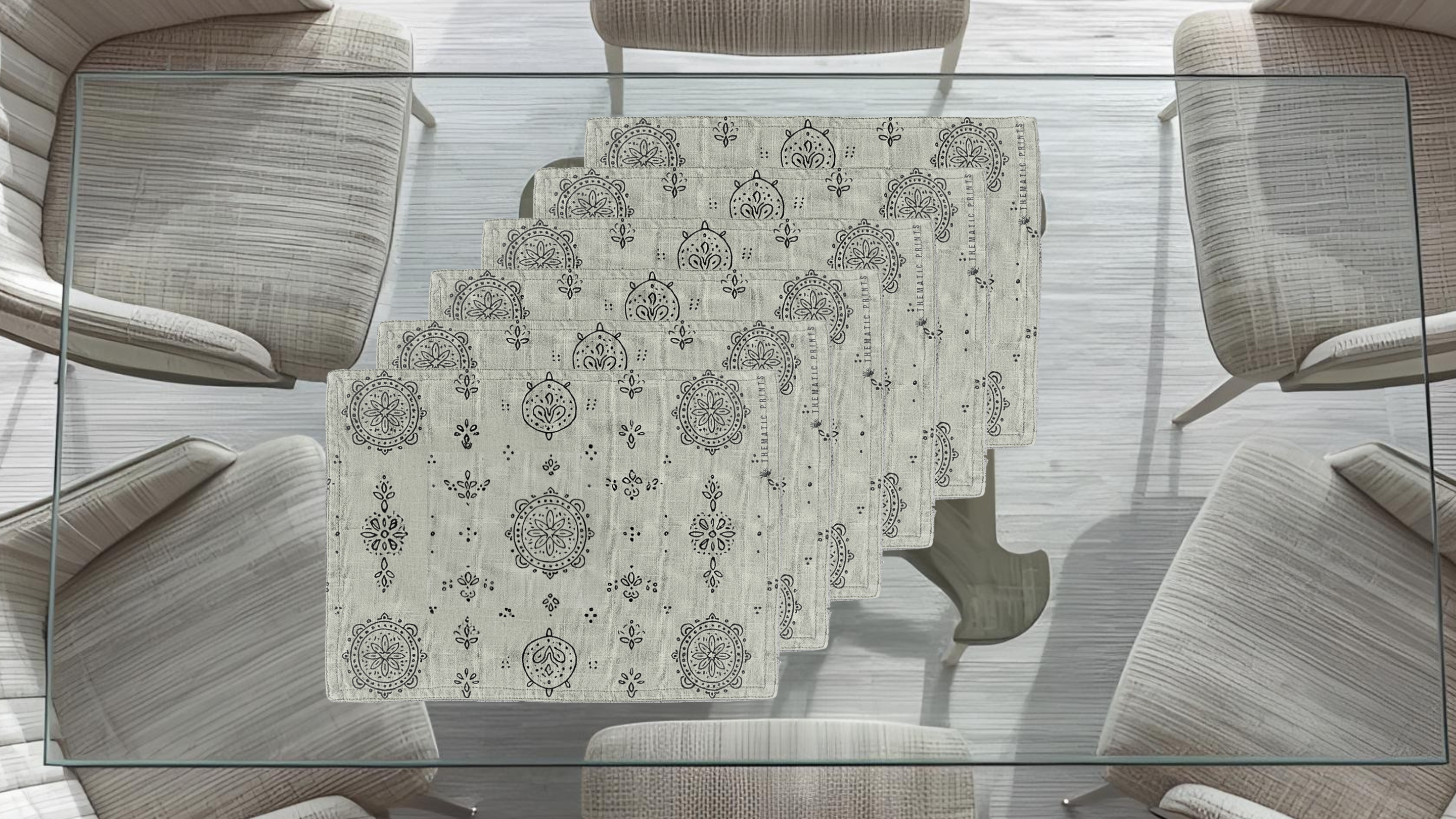 Polyster Fabric Set of 6 Table Placemats - Line Art Rangoli