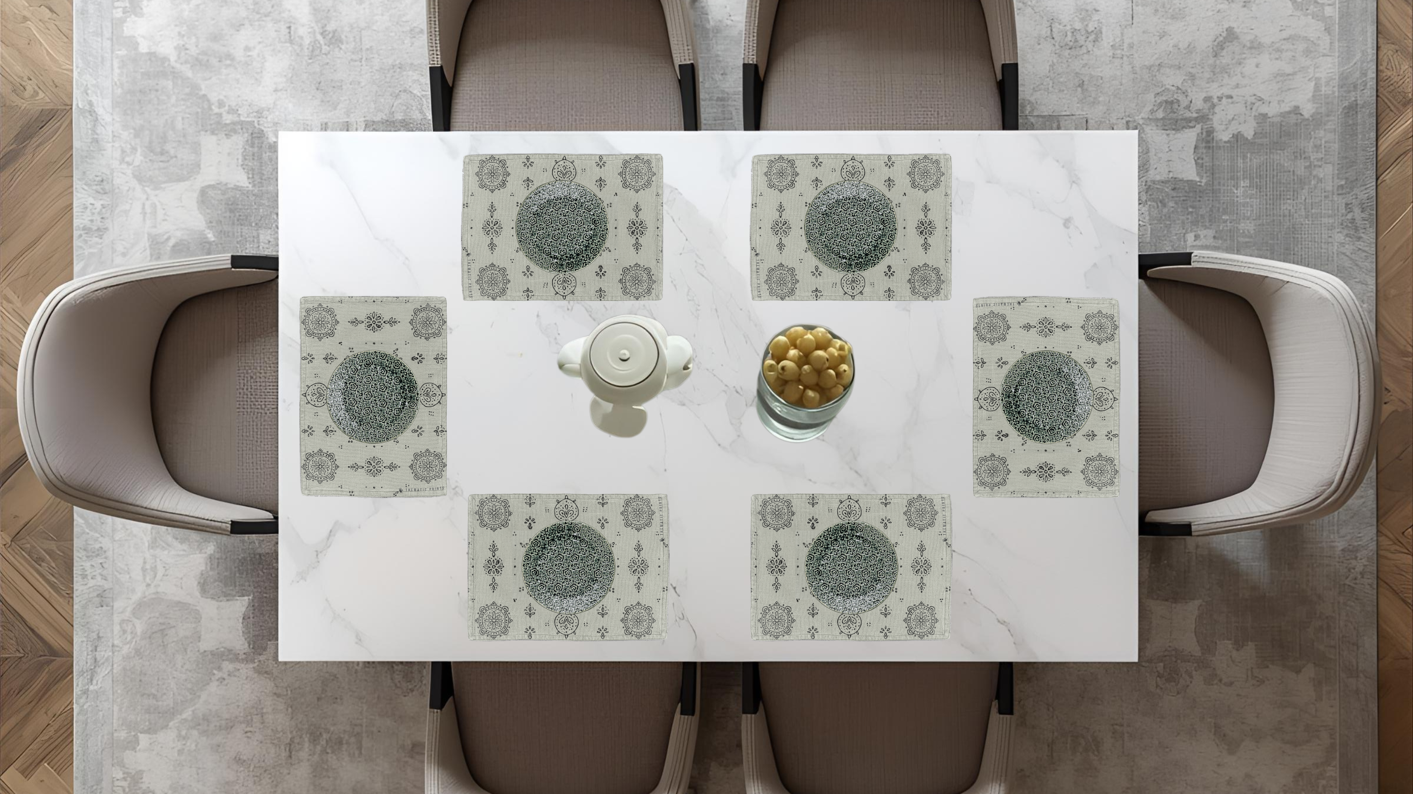 Polyster Fabric Set of 6 Table Placemats - Line Art Rangoli