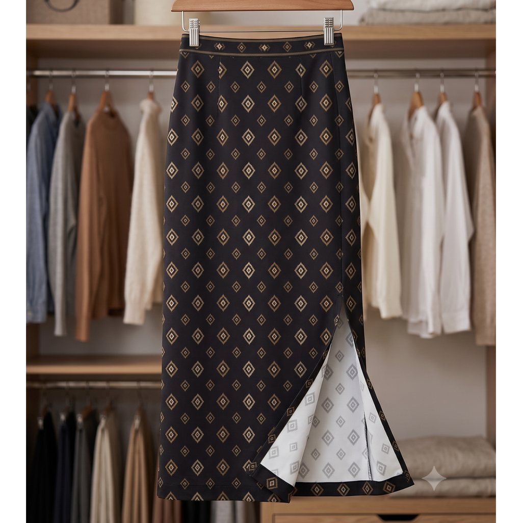 Women's Printed Poly Spandex Pencil Skirt – Ikkat Motifs Print | Ankle Length | Bodycon