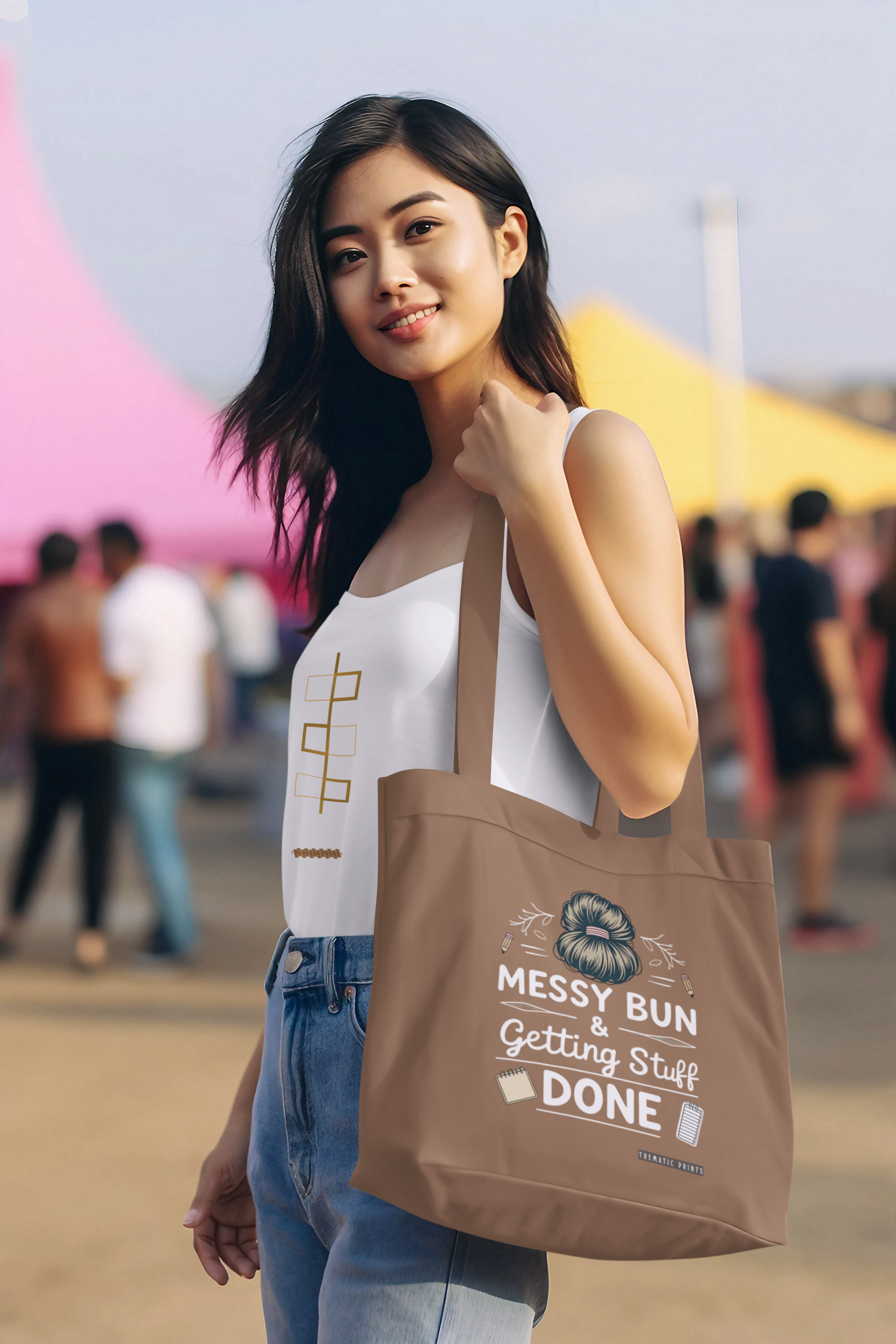 Canvas Eco-friendly Zipper Tote Bag for Collect Girls - Campus Casual Collection - Messy Bun and Getting Stuff Done