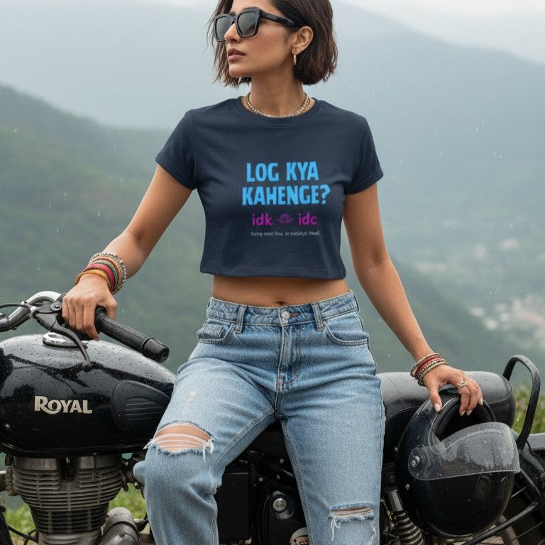 Hindi Slogan Printed Crop Top for Women | Log Kya Kahenge IDK IDC | Desi Gen Z Cotton Top | College Casual Wear India