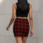 Women's Printed Mini Skirt | Black Houndstooth Lattice on Deep Red | Poly Spandex Fabric | Mid Rise | Bodycon