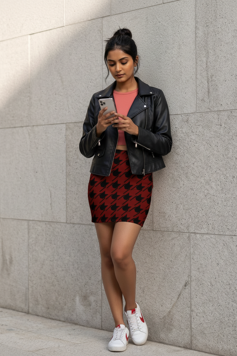 Women's Printed Mini Skirt | Black Houndstooth Lattice on Deep Red | Poly Spandex Fabric | Mid Rise | Bodycon