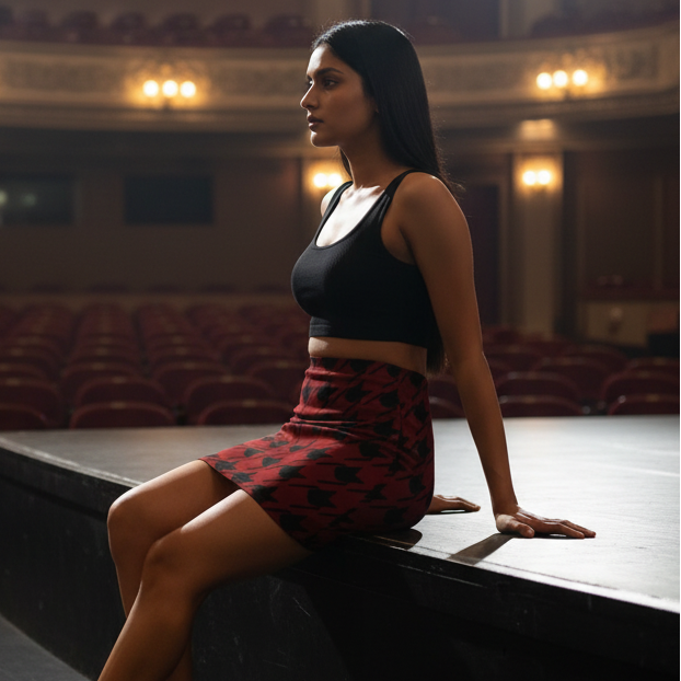 Women's Printed Mini Skirt | Black Houndstooth Lattice on Deep Red | Poly Spandex Fabric | Mid Rise | Bodycon