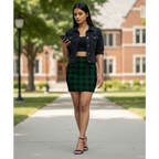 Women's Printed Mini Skirt | Black Houndstooth Lattice on Emerald Green | Poly Spandex Fabric | Mid Rise | Bodycon