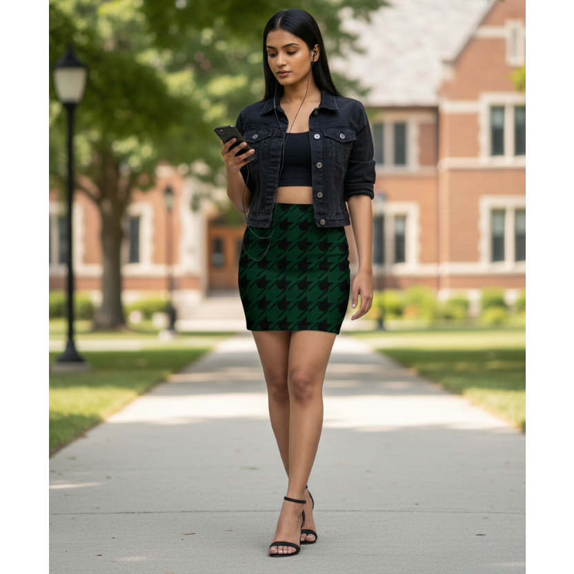 Women's Printed Mini Skirt | Black Houndstooth Lattice on Emerald Green | Poly Spandex Fabric | Mid Rise | Bodycon