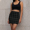 Women's Printed Mini Skirt | Black Houndstooth Lattice on Dark grey | Poly Spandex Fabric | Mid Rise | Bodycon