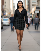 Women's Printed Mini Skirt | Black Houndstooth Lattice on Dark grey | Poly Spandex Fabric | Mid Rise | Bodycon