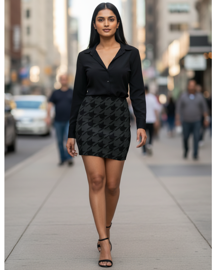 Women's Printed Mini Skirt | Black Houndstooth Lattice on Dark grey | Poly Spandex Fabric | Mid Rise | Bodycon