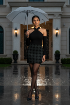 Women's Printed Mini Skirt | Black Houndstooth Lattice on Dark grey | Poly Spandex Fabric | Mid Rise | Bodycon