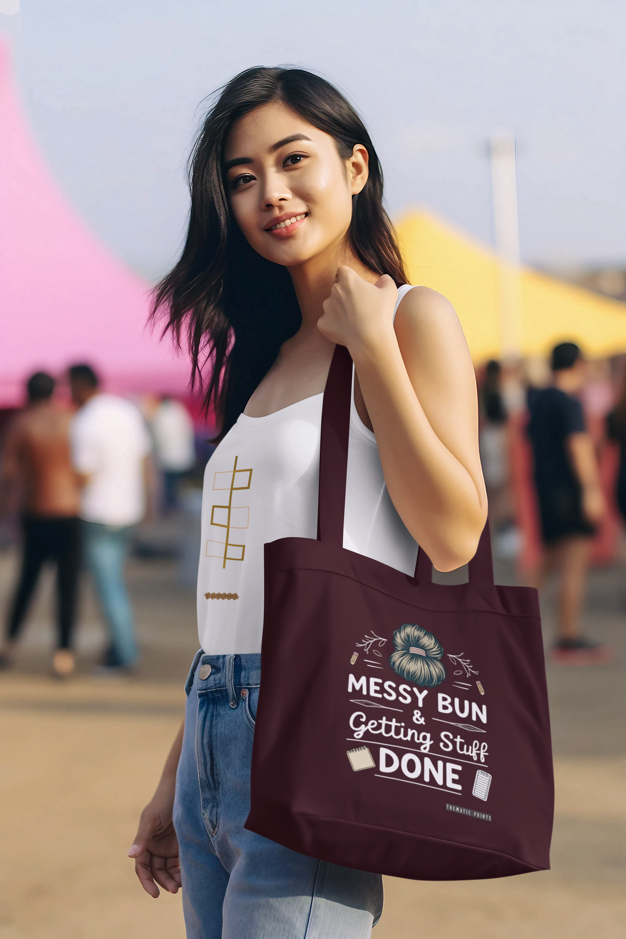 Canvas Eco-friendly Zipper Tote Bag for Collect Girls - Campus Casual Collection - Messy Bun and Getting Stuff Done