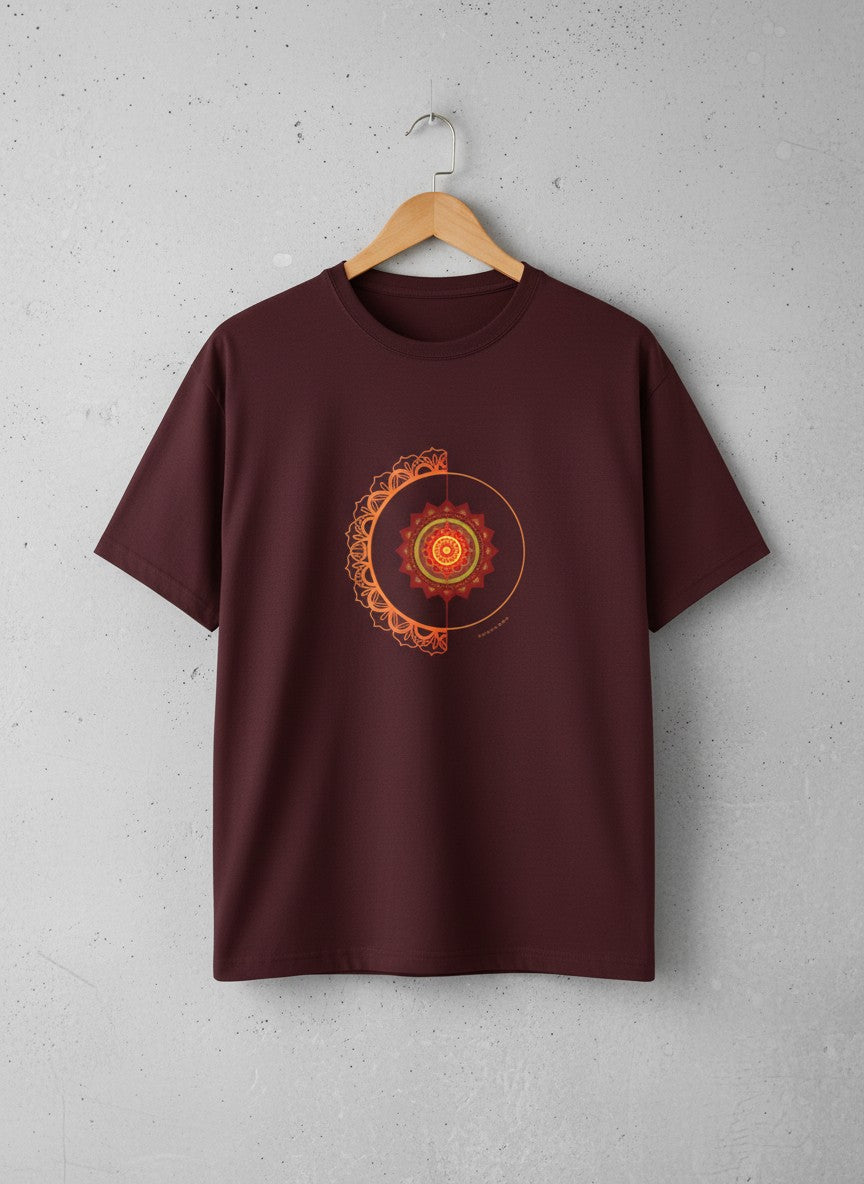 Fire and Energy mandala print maroon t-shirt by Thematic Prints India
