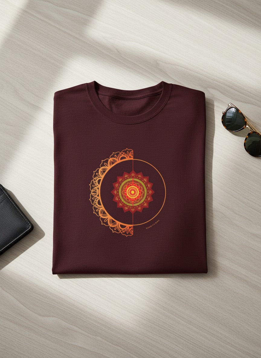 Close-up of Fire and Energy mandala print on maroon cotton t-shirt
