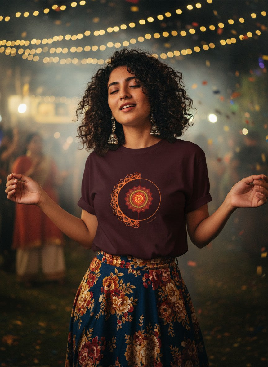 Young woman wearing Fire and Energy mandala print unisex maroon t-shirt bhajan clubbing India