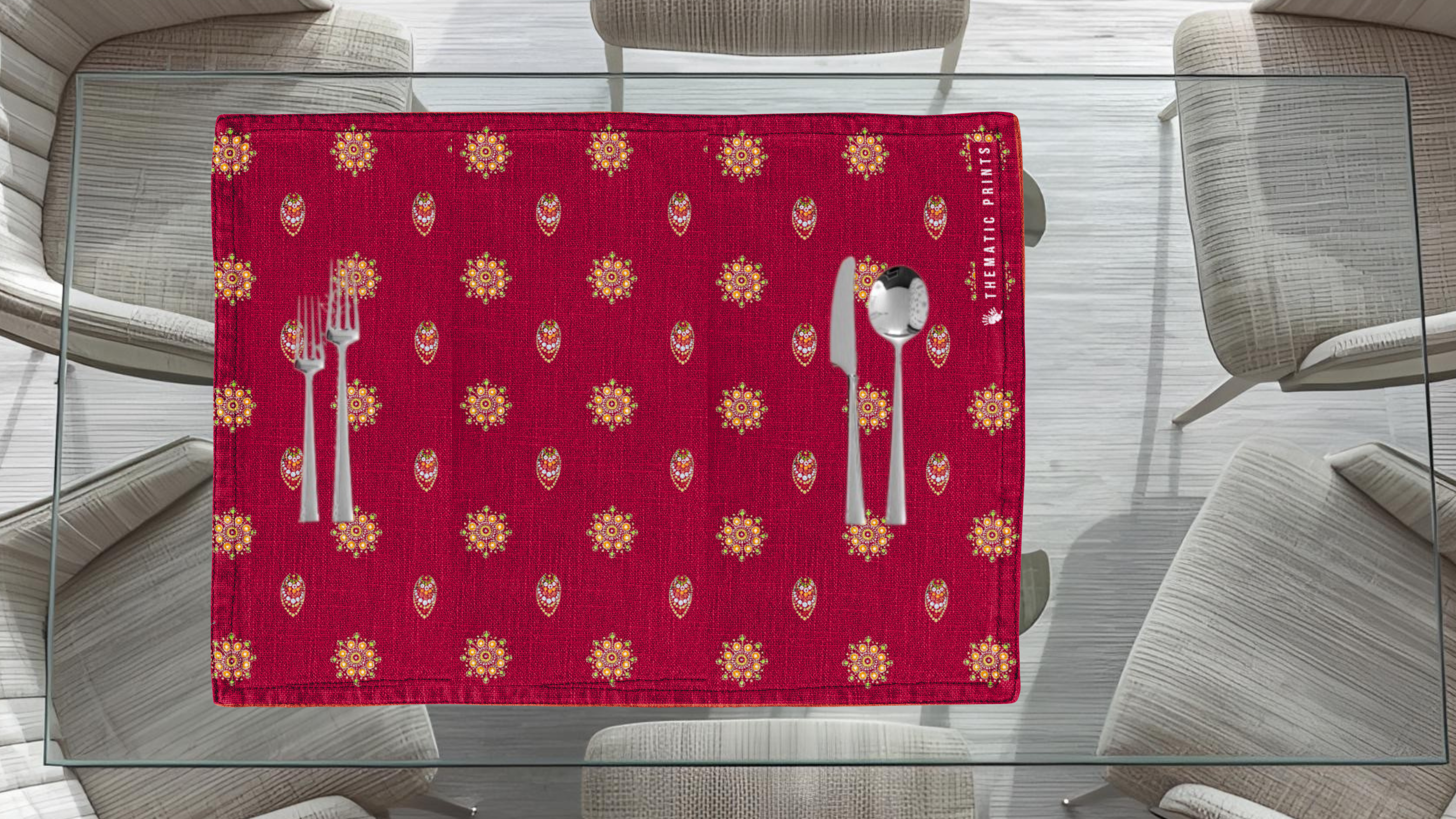 Polyster Fabric Set of 6 Table Placemats - Mandala Small Motifs