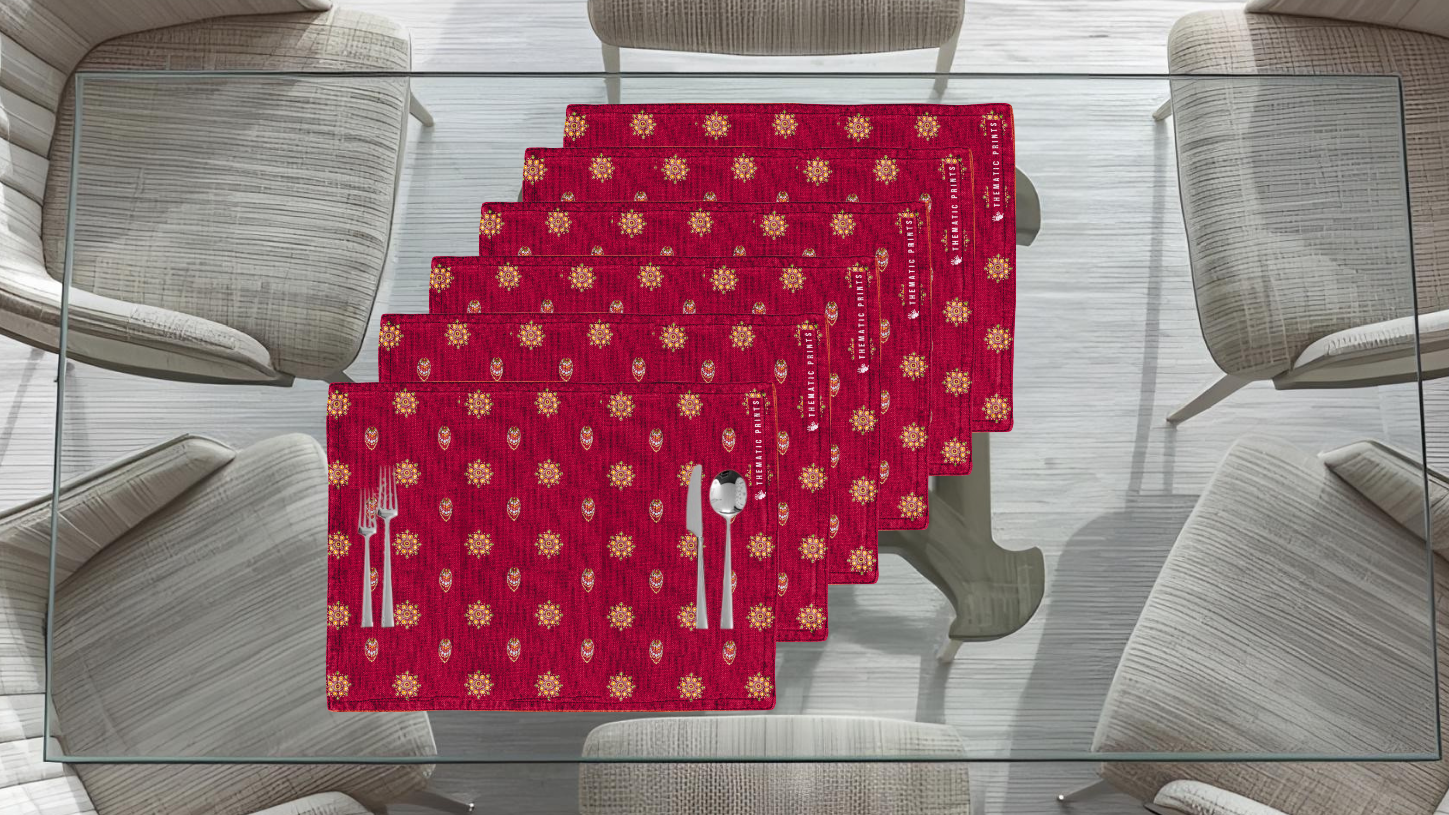 Polyster Fabric Set of 6 Table Placemats - Mandala Small Motifs