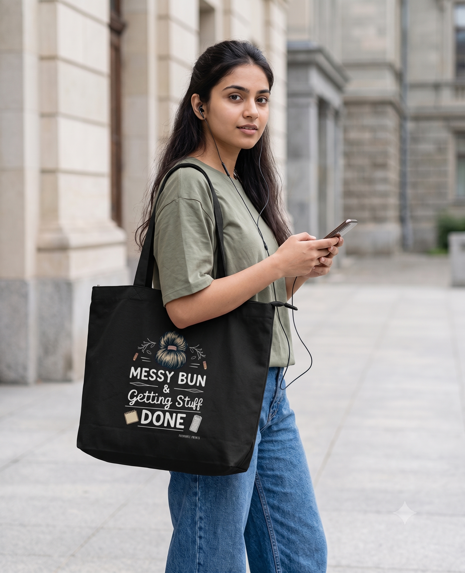 Canvas Tote Bag with Zipper | For College Girls | For Travel and Beach | Messy Bun and Getting Stuff Done