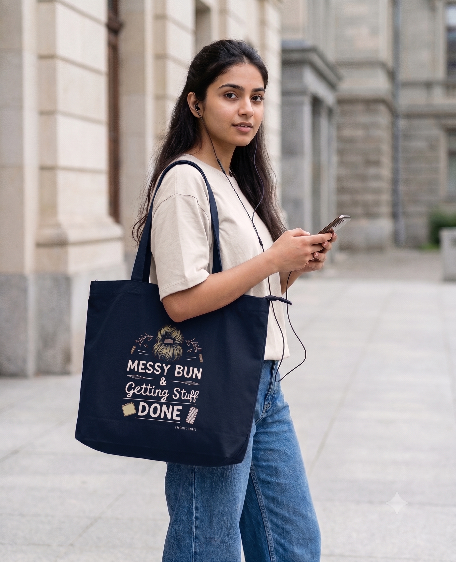 Canvas Tote Bag with Zipper | For College Girls | For Travel and Beach | Messy Bun and Getting Stuff Done