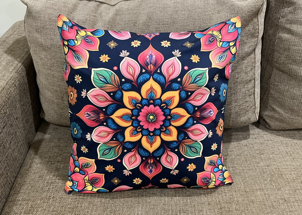 Mandala Floral Cushion Covers, Navy Blue with Pink and Gold Pattern, Poly Lycra, 16x16 Inches, Machine Washable, Decorative, Set of 2, Indoor Use