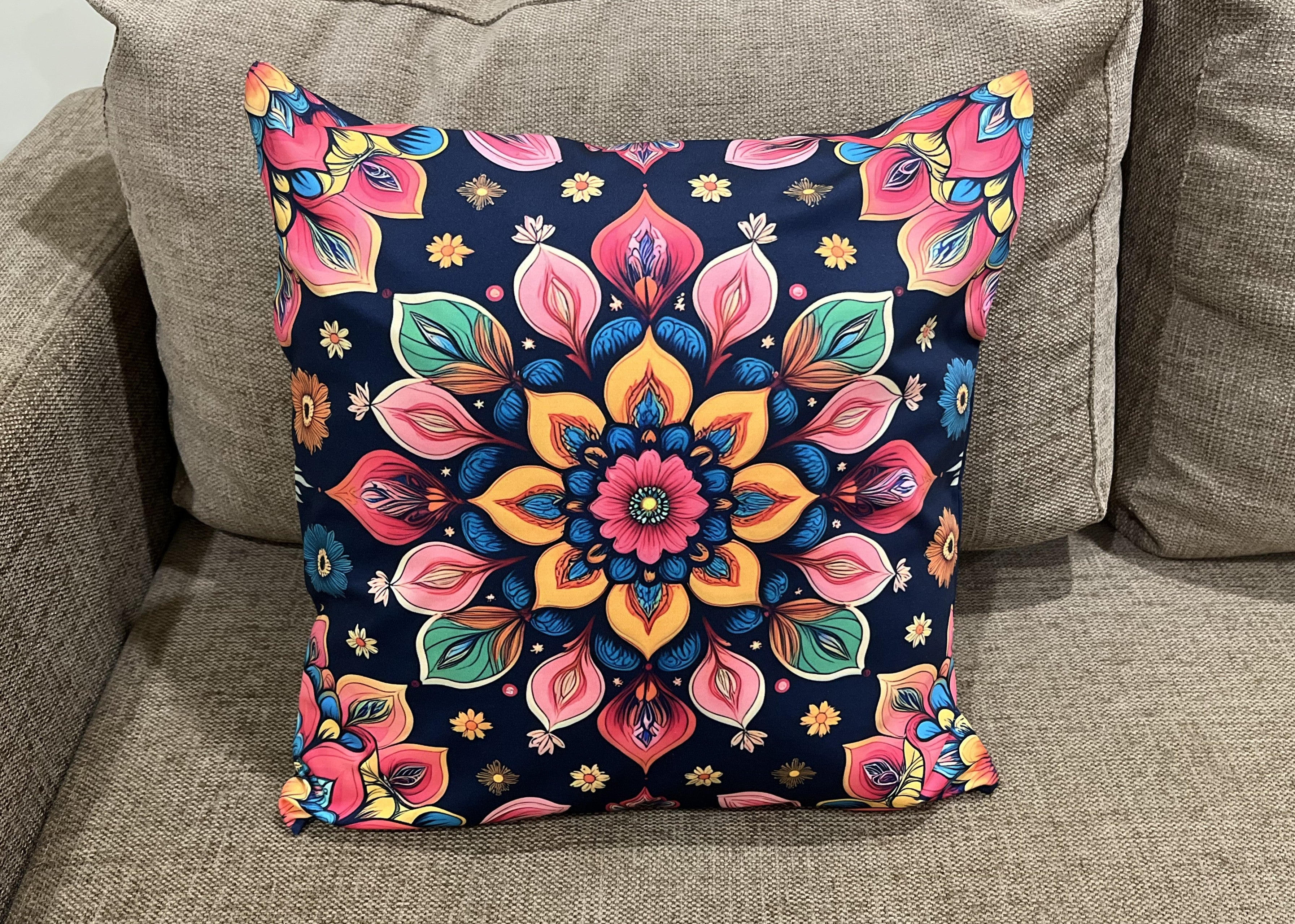 Mandala Floral Cushion Covers, Navy Blue with Pink and Gold Pattern, Poly Lycra, 16x16 Inches, Machine Washable, Decorative, Set of 2, Indoor Use