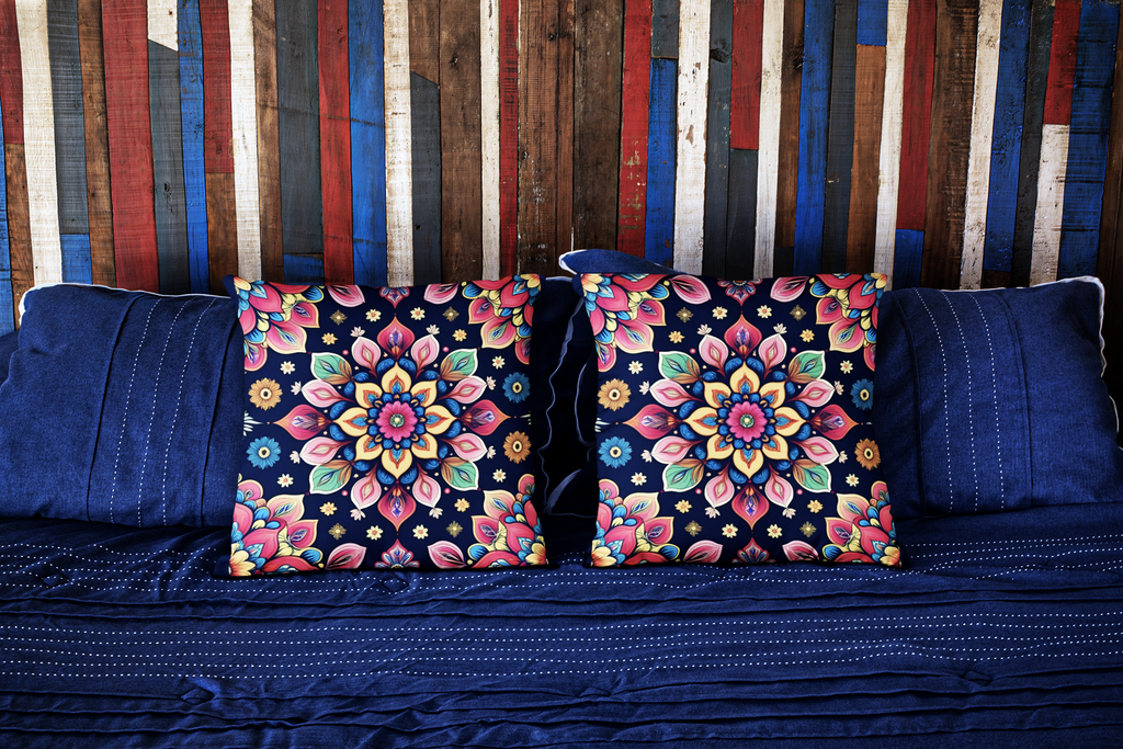 Mandala Floral Cushion Covers, Navy Blue with Pink and Gold Pattern, Poly Lycra, 16x16 Inches, Machine Washable, Decorative, Set of 2, Indoor Use