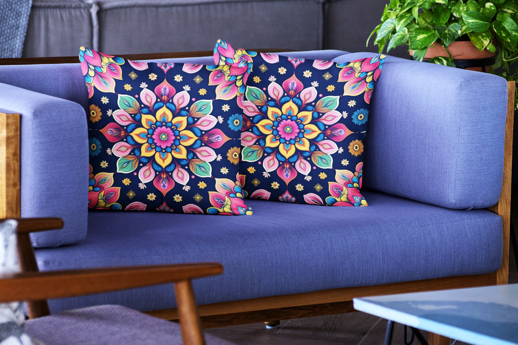 Mandala Floral Cushion Covers, Navy Blue with Pink and Gold Pattern, Poly Lycra, 16x16 Inches, Machine Washable, Decorative, Set of 2, Indoor Use