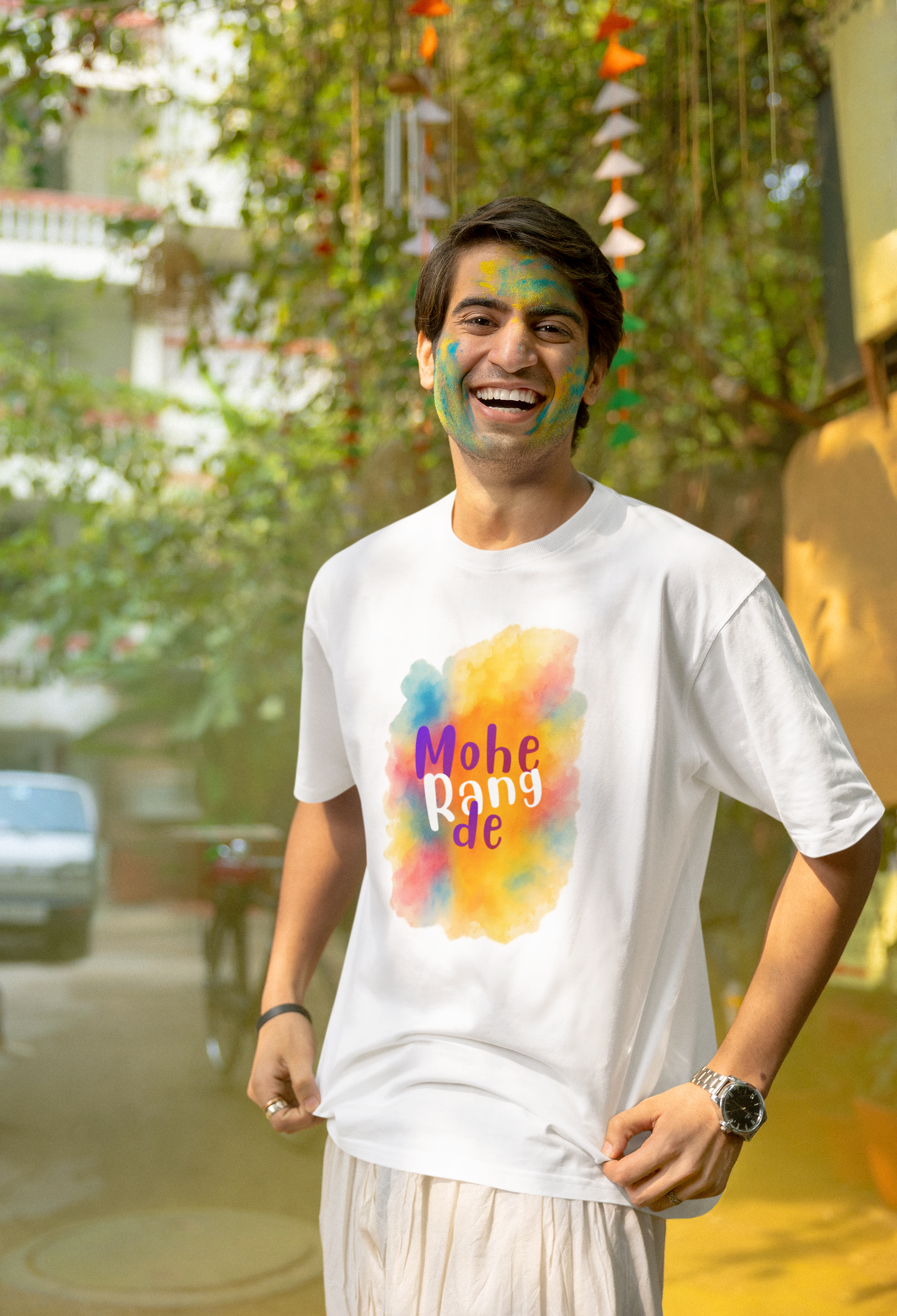 Holi T-Shirt for Men and Women - 100% Cotton Round Neck White - Mohe Rang De