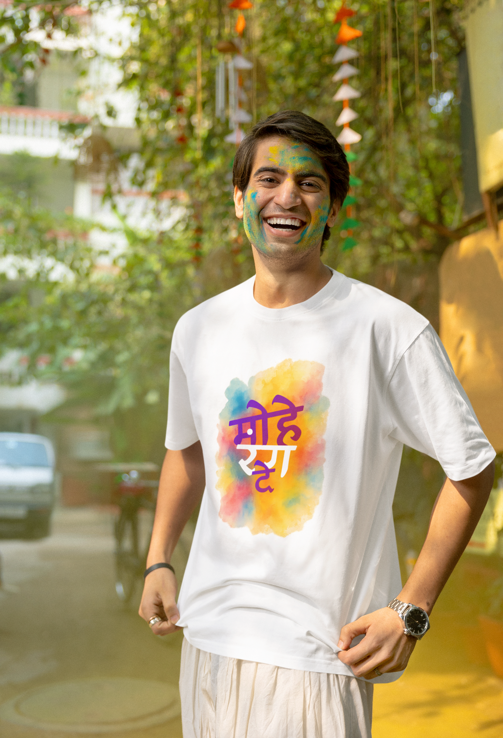 Holi T-Shirt for Men and Women - 100% Cotton Round Neck White - Mohe Rang De