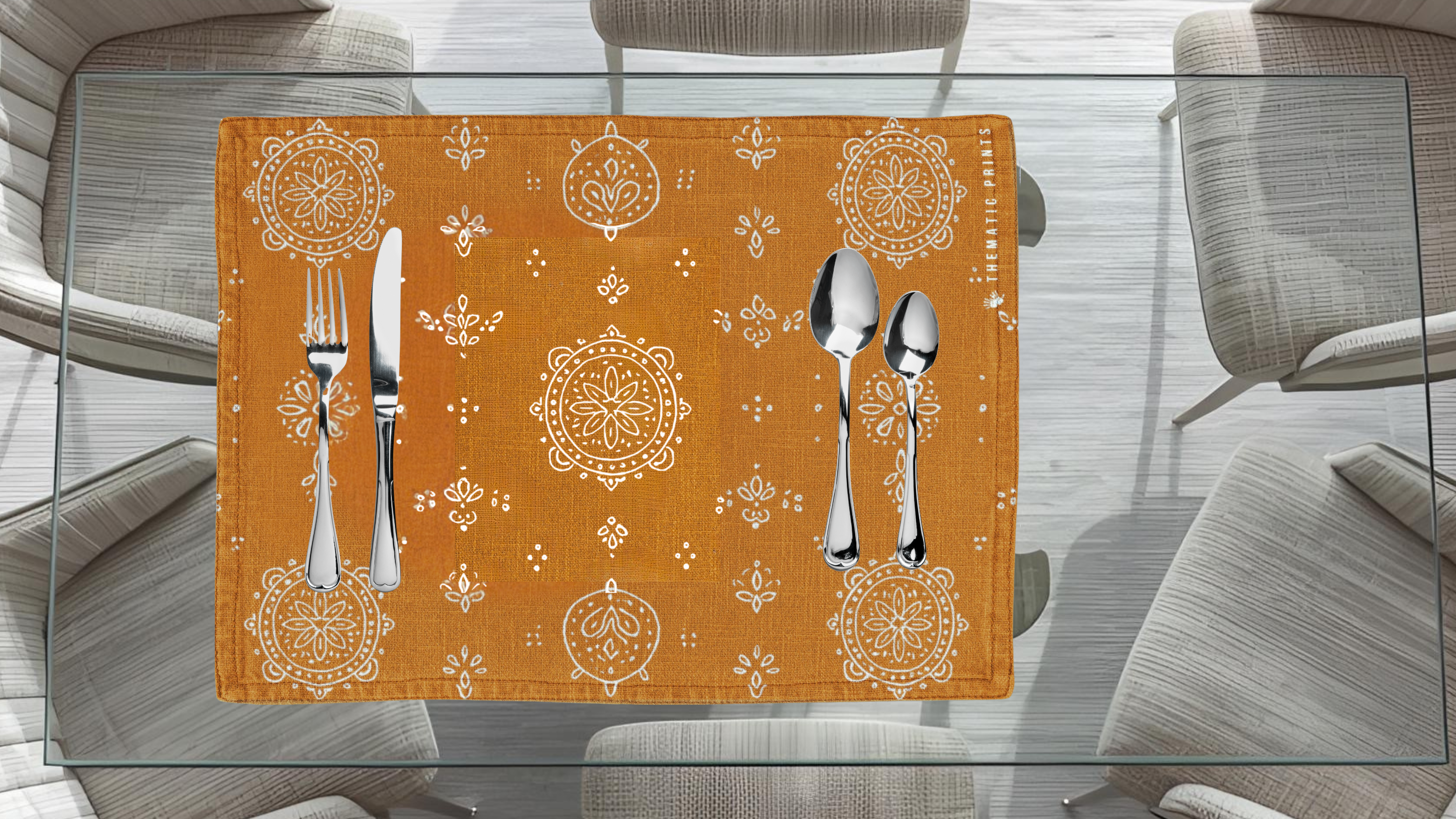 Polyster Fabric Set of 6 Table Placemats - Line Art Rangoli