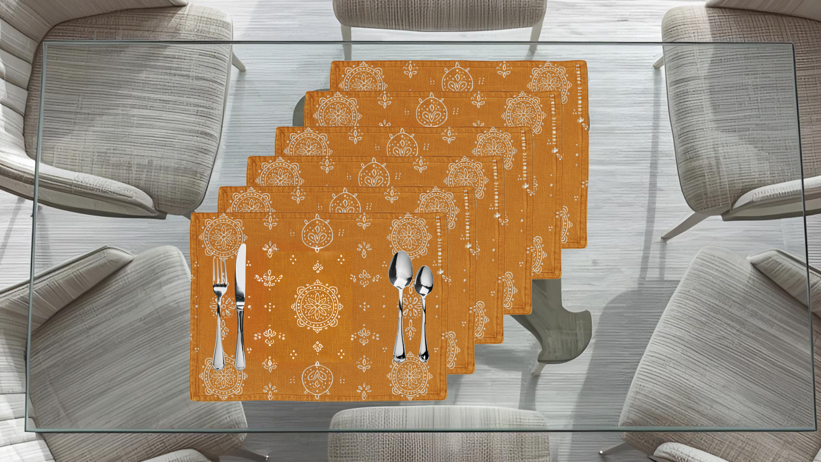 Polyster Fabric Set of 6 Table Placemats - Line Art Rangoli