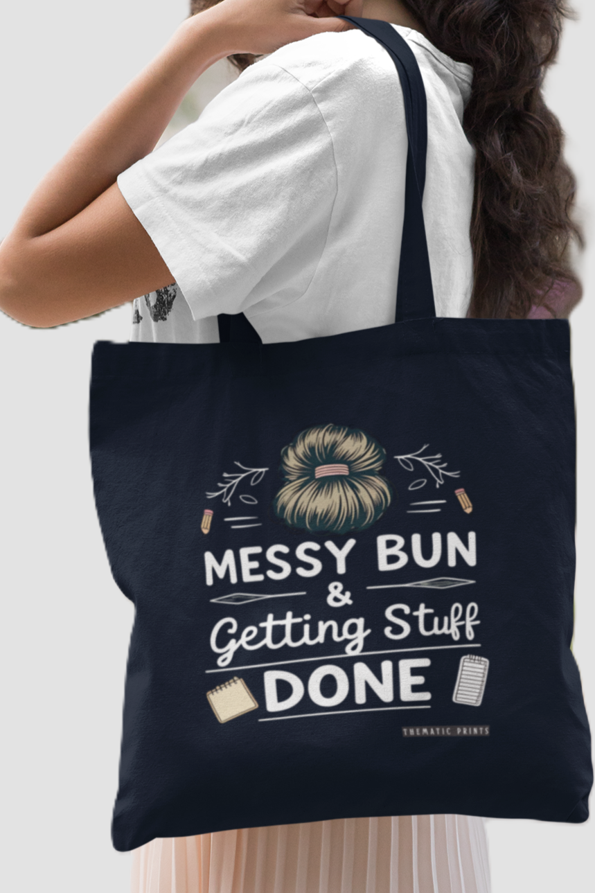 Canvas Tote Bag with Zipper | For College Girls | For Travel and Beach | Messy Bun and Getting Stuff Done