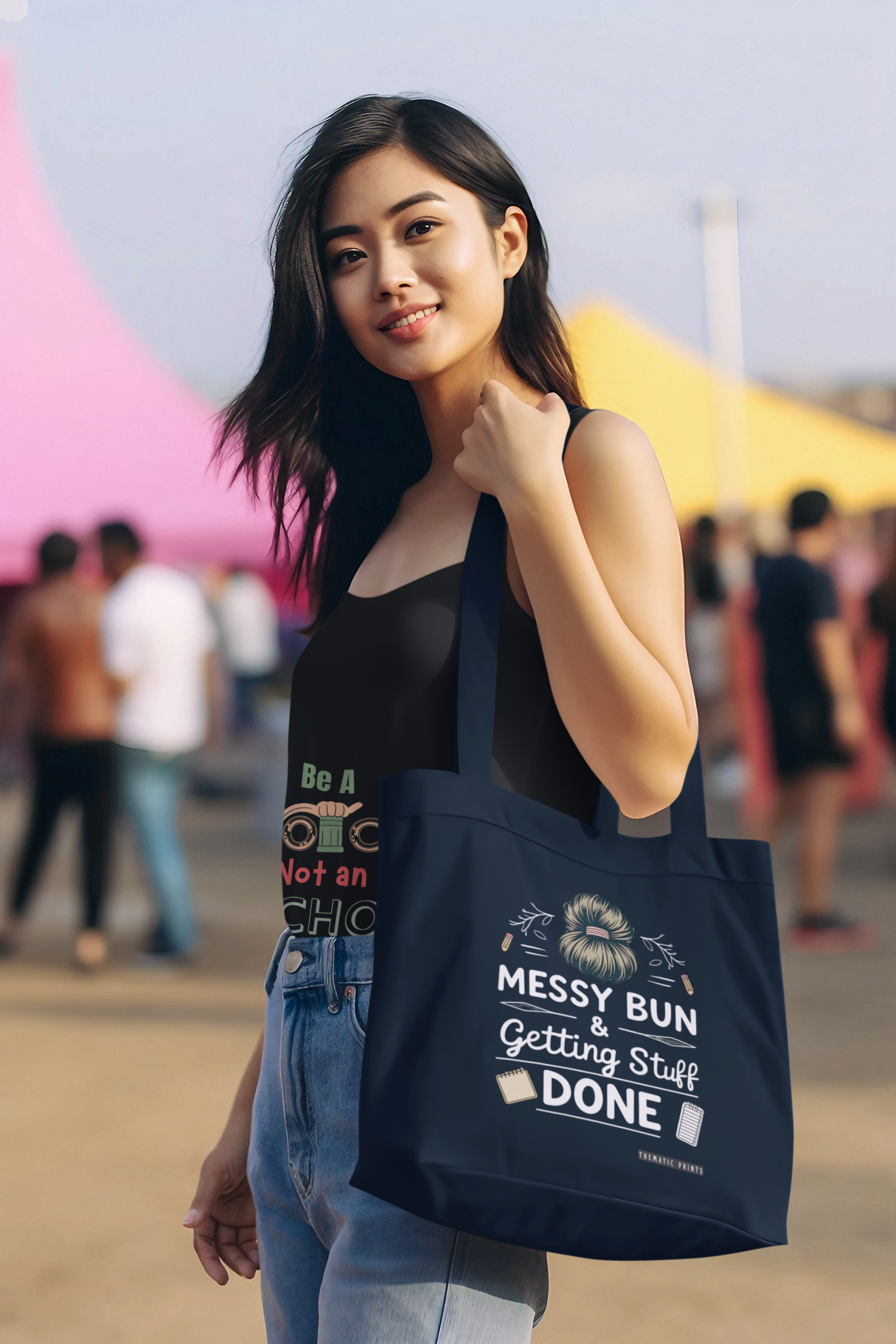 Canvas Eco-friendly Zipper Tote Bag for Collect Girls - Campus Casual Collection - Messy Bun and Getting Stuff Done