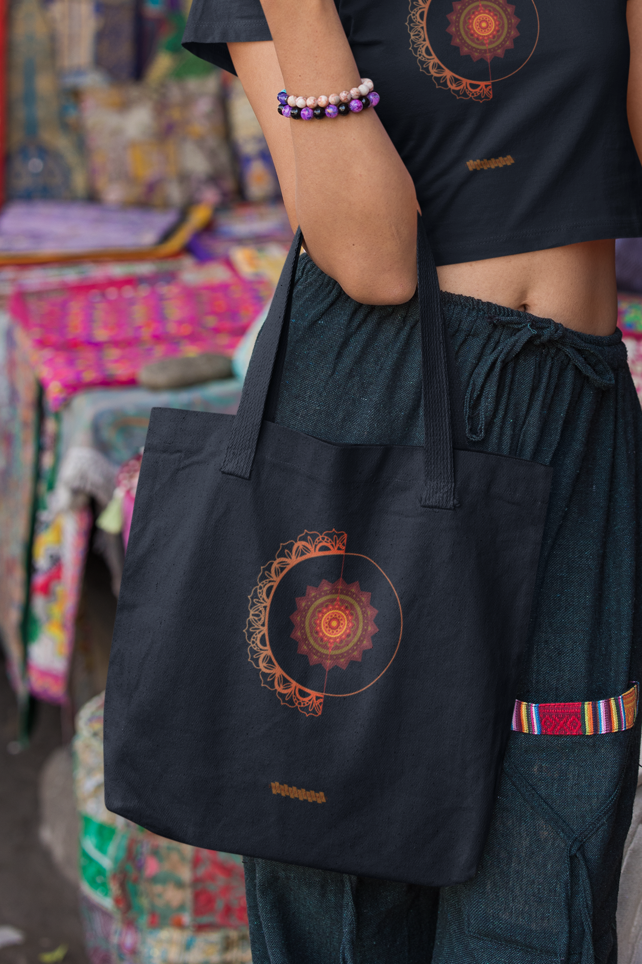 Mandala Pattern Cotton Tote Bag with Zipper | Spiritual Design Carry Bag