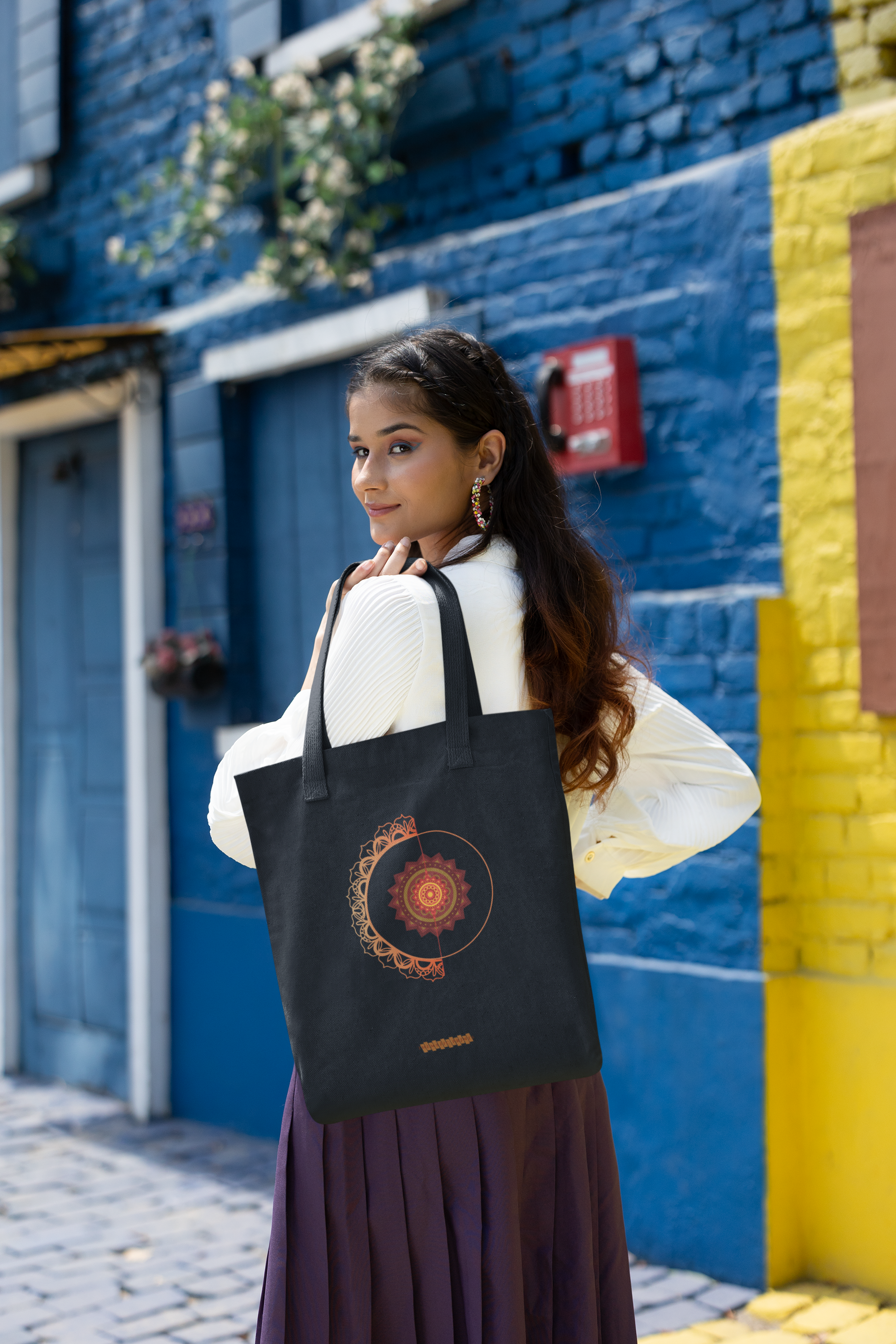 Mandala Pattern Cotton Tote Bag with Zipper | Spiritual Design Carry Bag
