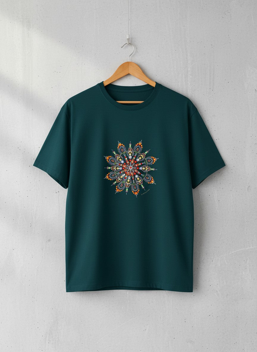 Wheel of Time asymmetric mandala print teal blue t-shirt by Thematic Prints India