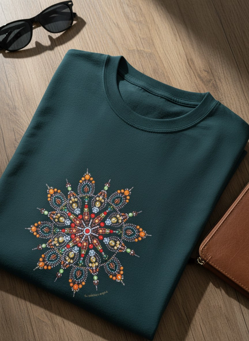 Close-up of Wheel of Time asymmetric mandala print on cotton teal blue t-shirt