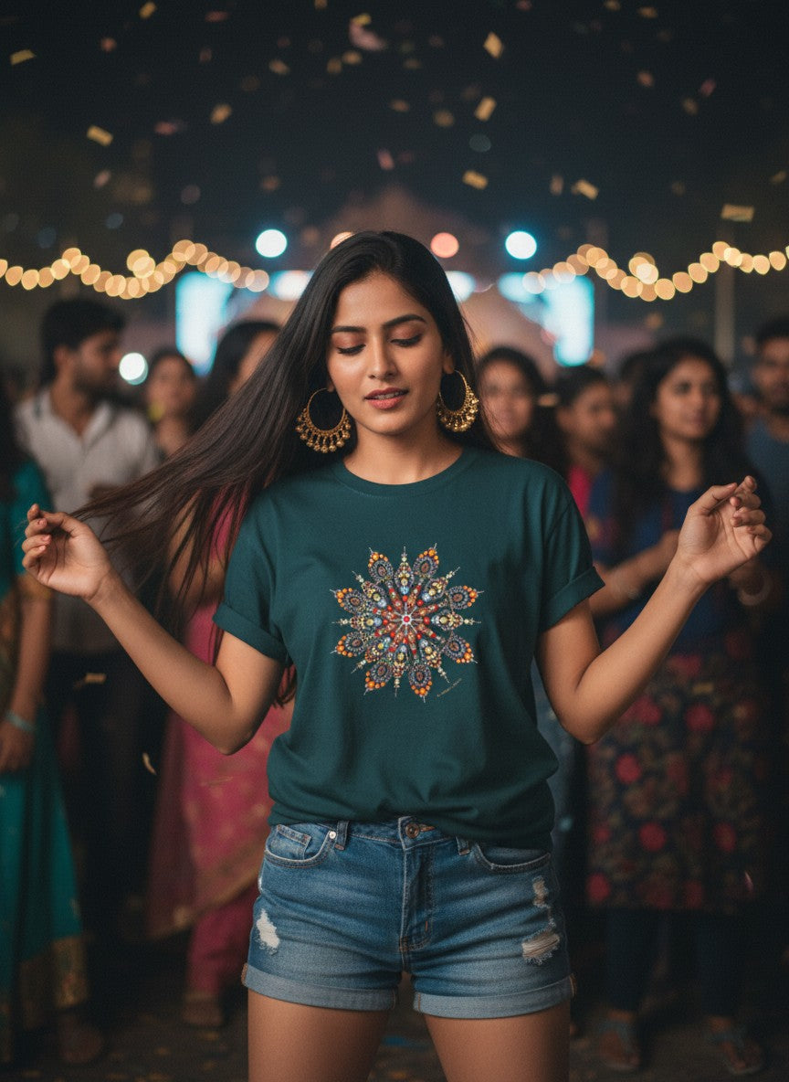 Young woman wearing Wheel of Time mandala print unisex teal blue t-shirt bhajan clubbing India