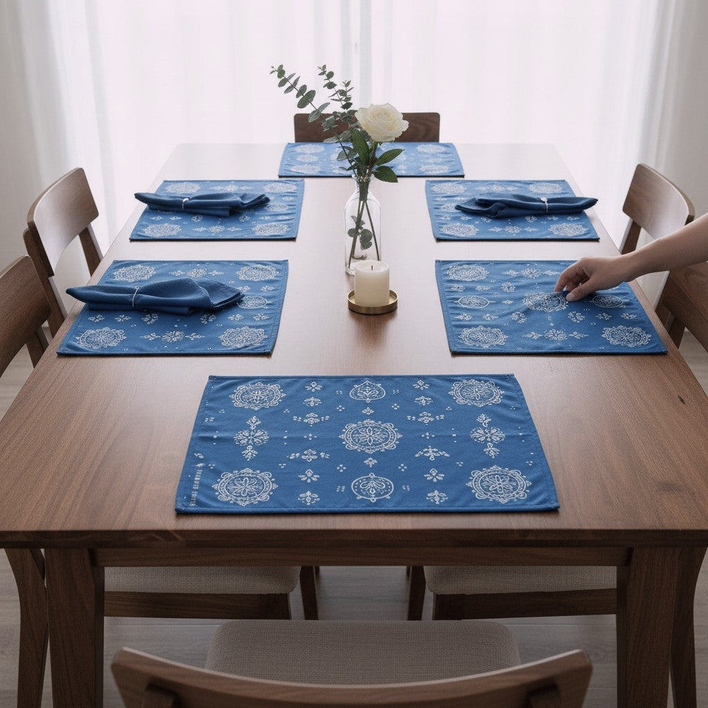 Polyster Fabric Set of 6 Table Placemats - Line Art Rangoli