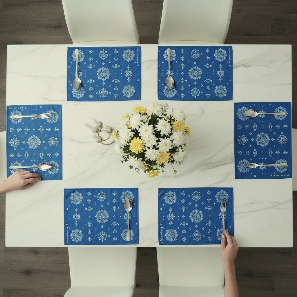 Polyster Fabric Set of 6 Table Placemats - Line Art Rangoli