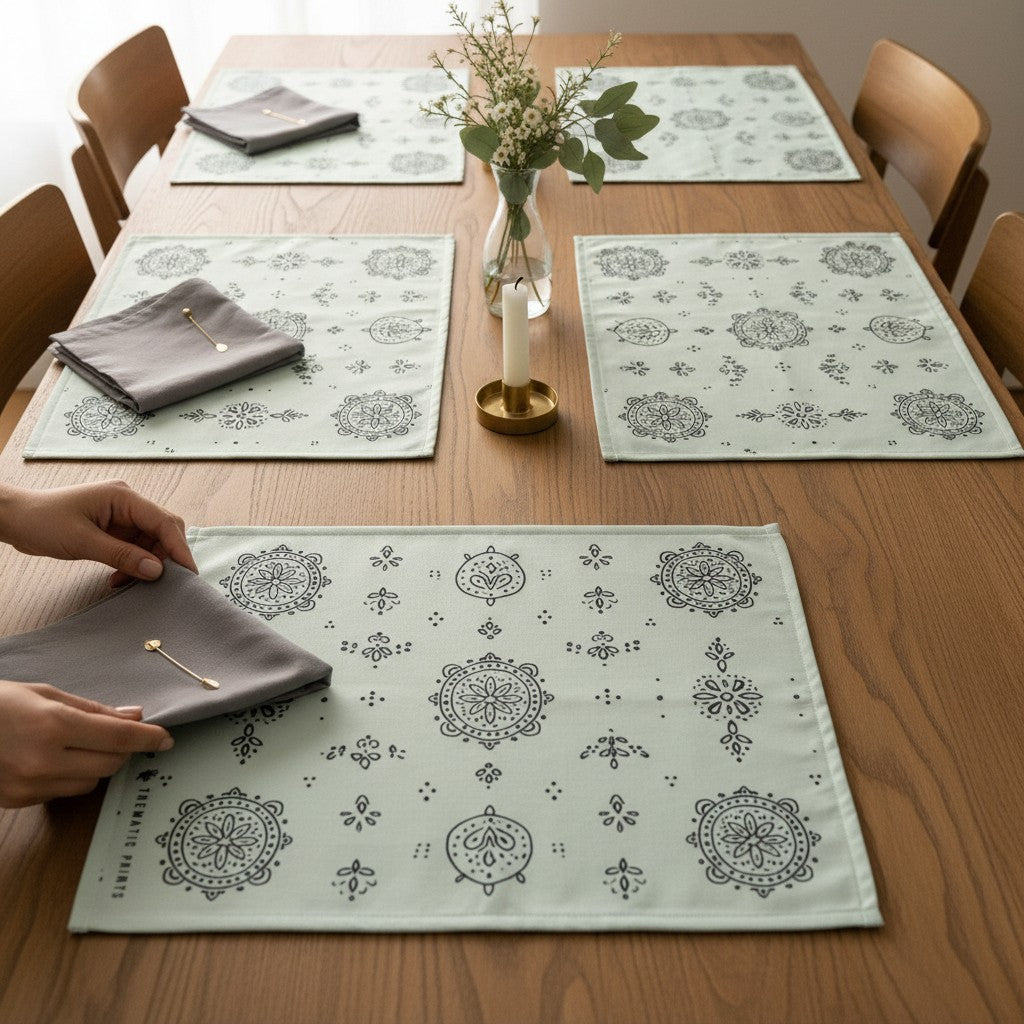 Polyster Fabric Set of 6 Table Placemats - Line Art Rangoli