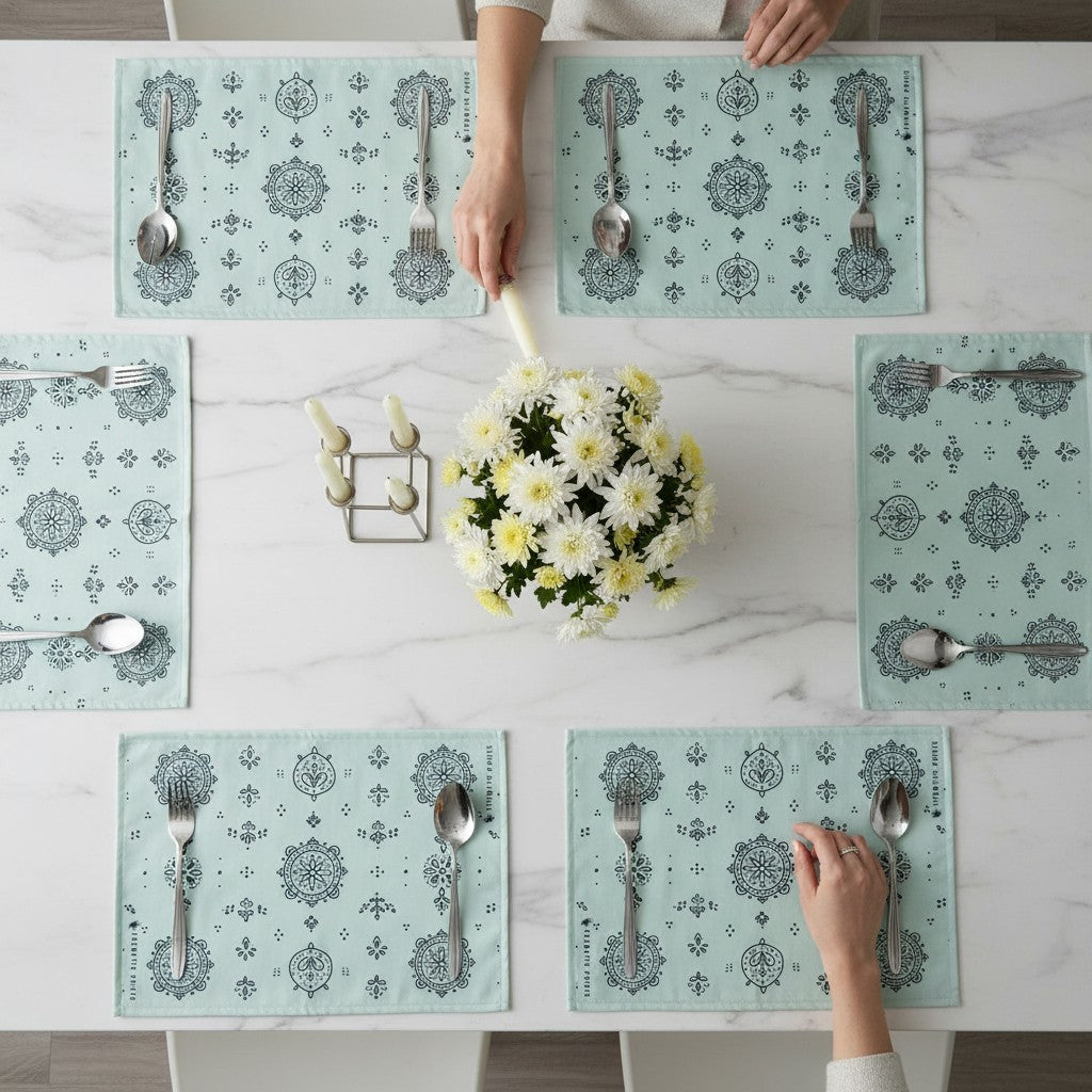 Polyster Fabric Set of 6 Table Placemats - Line Art Rangoli