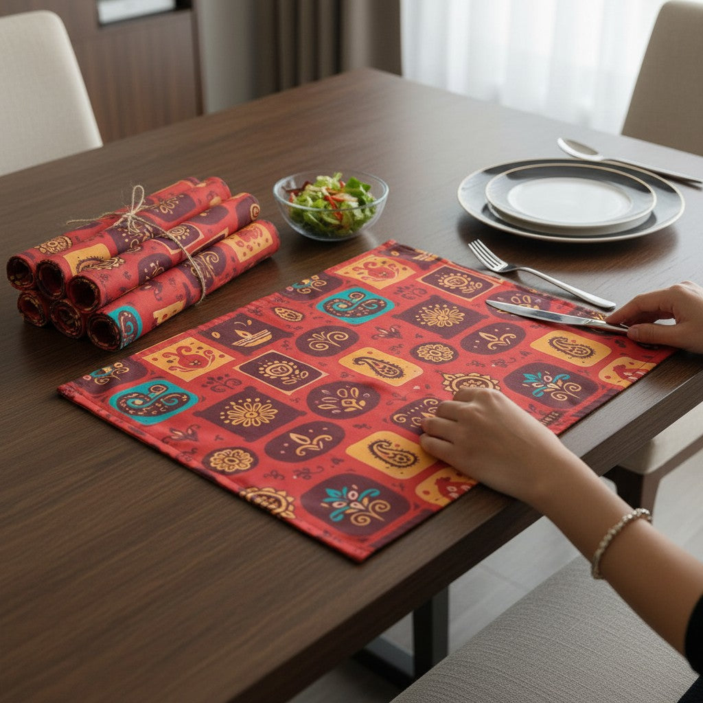 Polyster Fabric Set of 6 Table Placemats - Rangoli Block Tiles