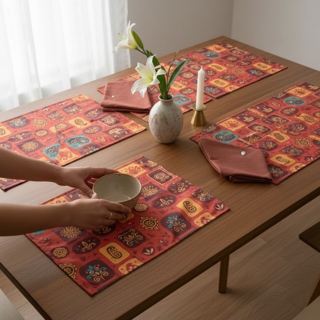 Polyster Fabric Set of 6 Table Placemats - Rangoli Block Tiles