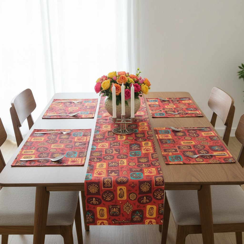 Polyster Fabric Set of 6 Table Placemats - Rangoli Block Tiles