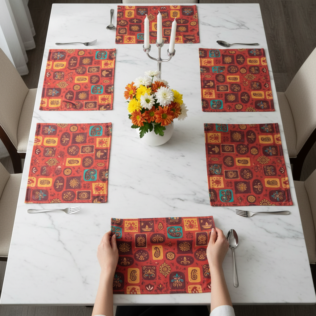 Polyster Fabric Set of 6 Table Placemats - Rangoli Block Tiles