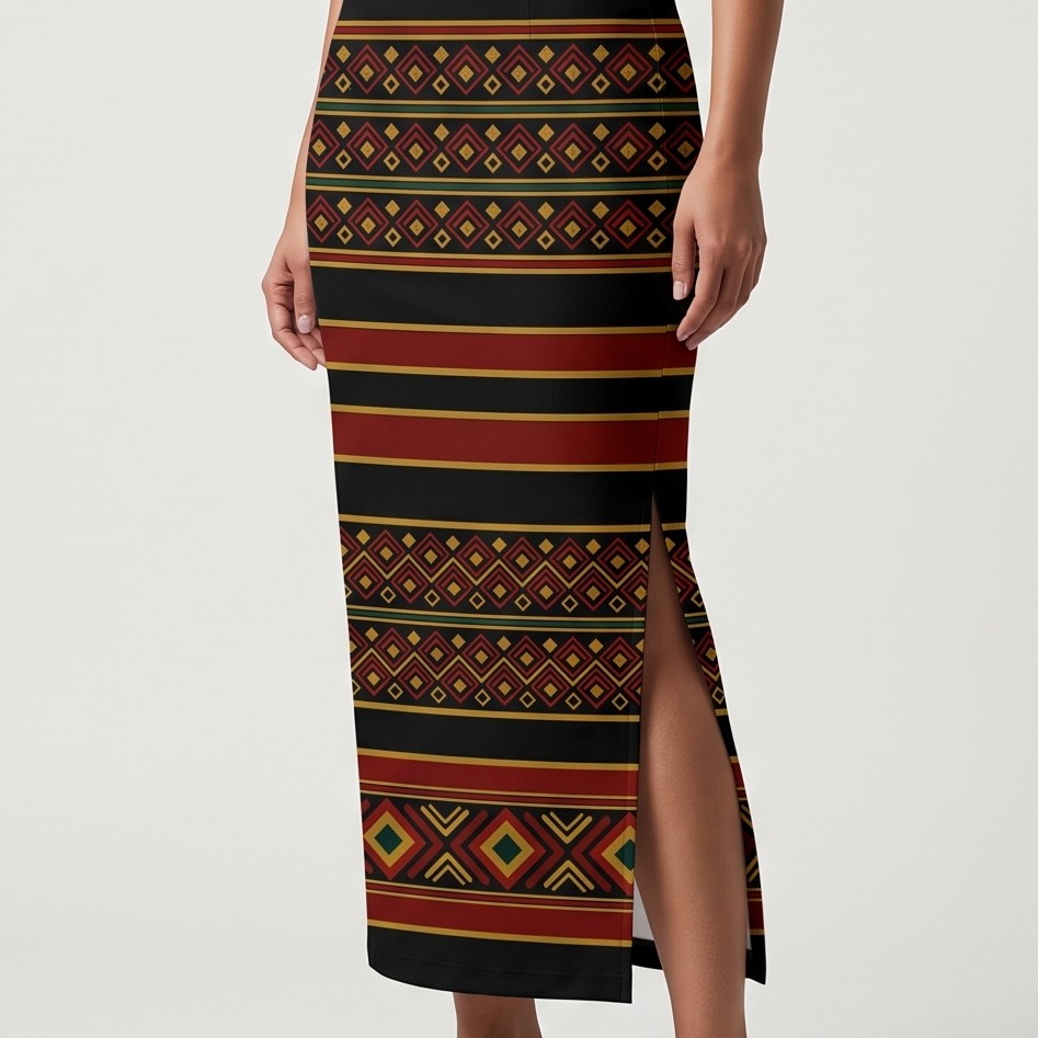 Women's Printed Pencil Skirt – Traditional Print | Gale Inspired - Black | Ankle Length | Bodycon