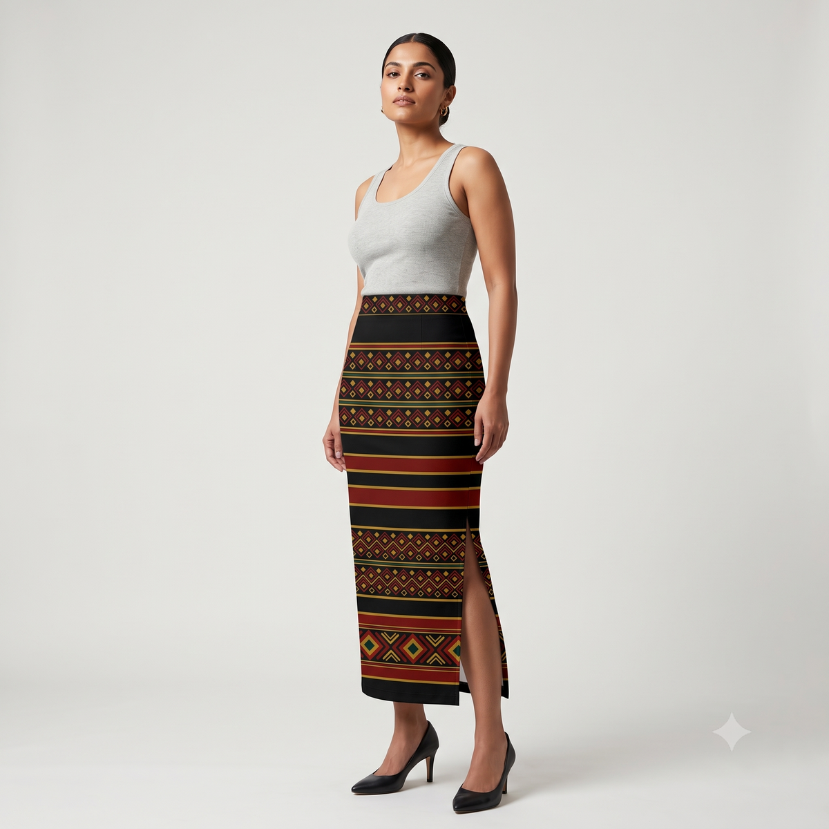 Women's Printed Pencil Skirt – Traditional Print | Gale Inspired - Black | Ankle Length | Bodycon