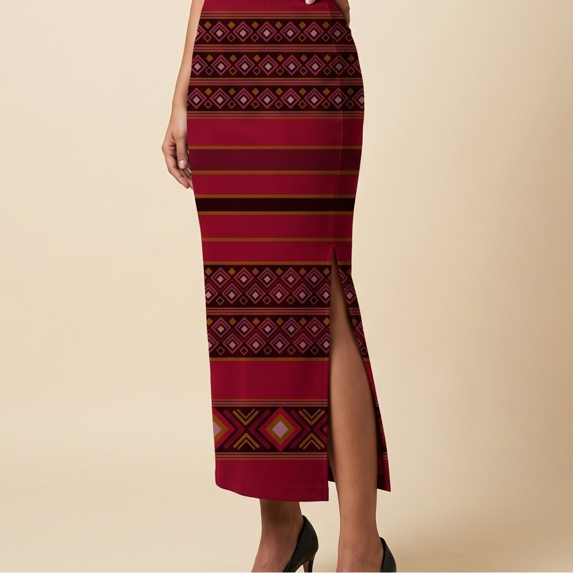 Women's Printed Pencil Skirt – Traditional Print | Gale Inspired - Ruby | Ankle Length | Bodycon