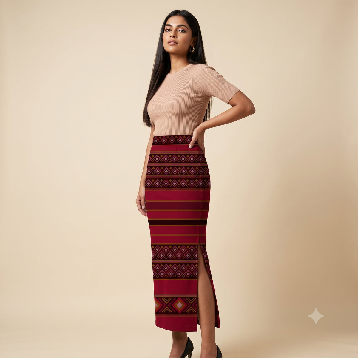 Women's Printed Pencil Skirt – Traditional Print | Gale Inspired - Ruby | Ankle Length | Bodycon