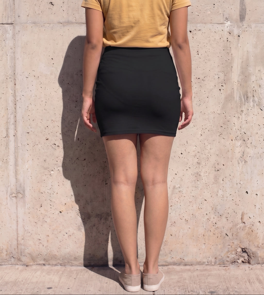 Women's Printed Poly Spandex Mini Skirt – Meridian | Gold Rays Geometric Print | Mid-Rise | Bodycon
